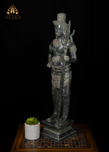 33" Pair of Khmer Bronze Temple Guardian Statues Sacred Protectors with Antique Charm