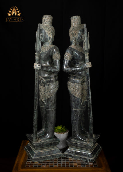 33" Pair of Khmer Bronze Temple Guardian Statues Sacred Protectors with Antique Charm