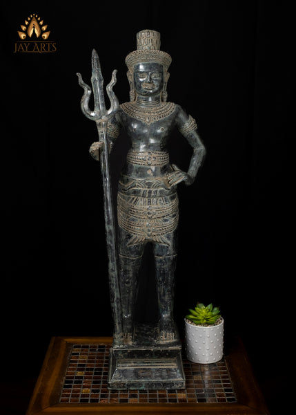 33" Pair of Khmer Bronze Temple Guardian Statues Sacred Protectors with Antique Charm