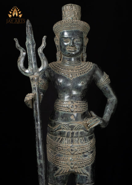 33" Pair of Khmer Bronze Temple Guardian Statues Sacred Protectors with Antique Charm
