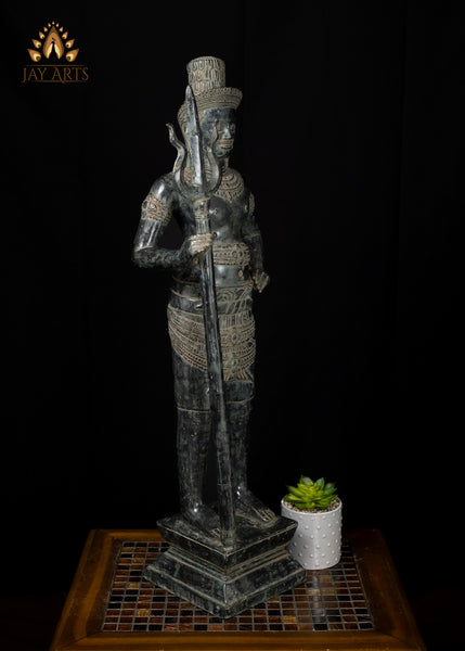 33" Pair of Khmer Bronze Temple Guardian Statues Sacred Protectors with Antique Charm