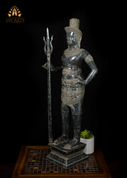 33" Pair of Khmer Bronze Temple Guardian Statues Sacred Protectors with Antique Charm