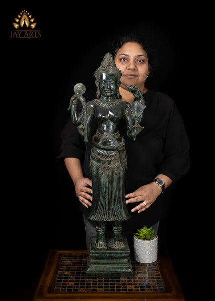34" Cambodian Bronze Lakshmi with Conch and Chakra Harvest Goddess Sculpture