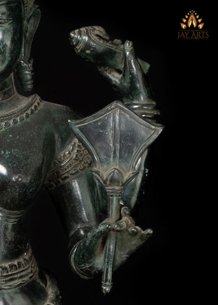 34" Cambodian Bronze Lakshmi with Conch and Chakra Harvest Goddess Sculpture