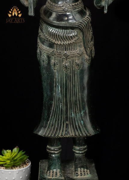 34" Cambodian Bronze Lakshmi with Conch and Chakra Harvest Goddess Sculpture