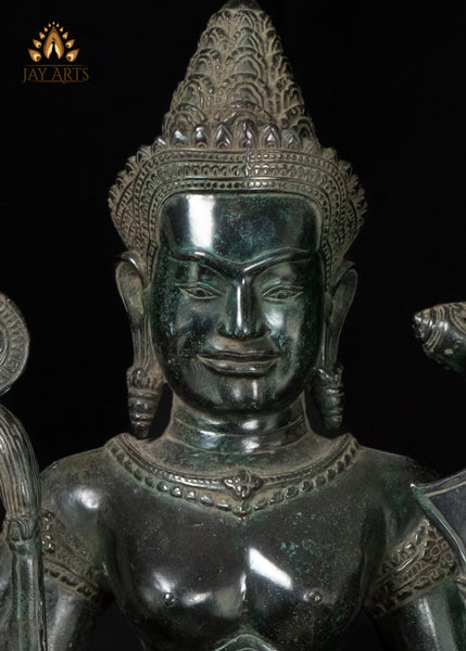 34" Cambodian Bronze Lakshmi with Conch and Chakra Harvest Goddess Sculpture