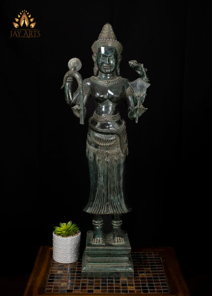 34" Cambodian Bronze Lakshmi with Conch and Chakra Harvest Goddess Sculpture