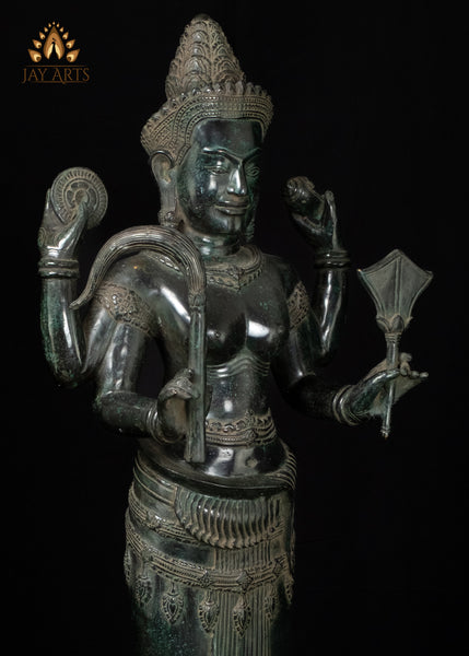 34" Cambodian Bronze Lakshmi with Conch and Chakra Harvest Goddess Sculpture