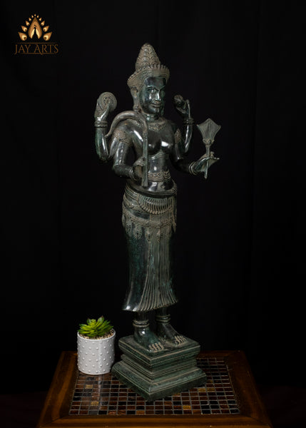 34" Cambodian Bronze Lakshmi with Conch and Chakra Harvest Goddess Sculpture