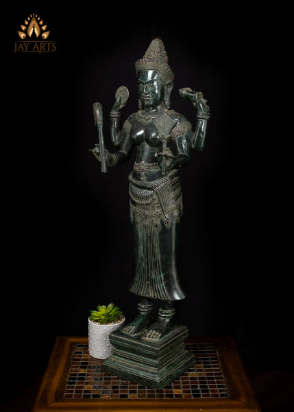 34" Cambodian Bronze Lakshmi with Conch and Chakra Harvest Goddess Sculpture