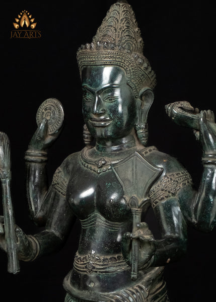 34" Cambodian Bronze Lakshmi with Conch and Chakra Harvest Goddess Sculpture