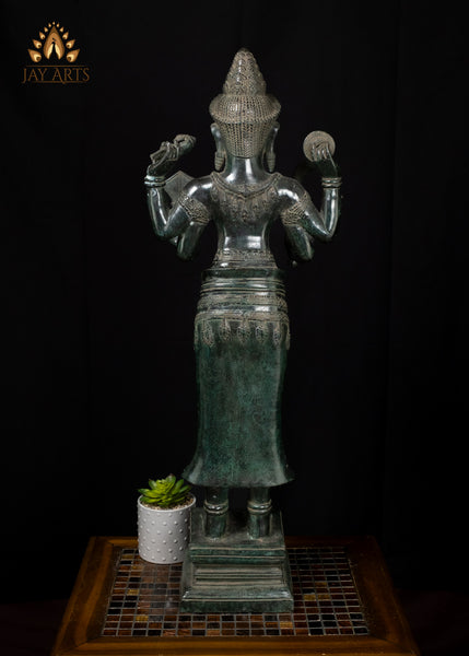 34" Cambodian Bronze Lakshmi with Conch and Chakra Harvest Goddess Sculpture