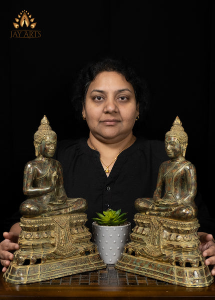 15" Bronze Buddha Statue in Vitarka Mudra on Phra Mae Thorani Pedestal – Cambodian Art