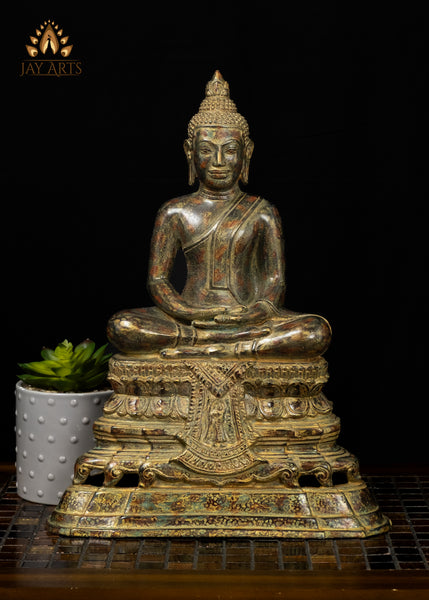 15" Bronze Meditation Buddha Statue on Phra Mae Thorani Pedestal – Cambodian Art