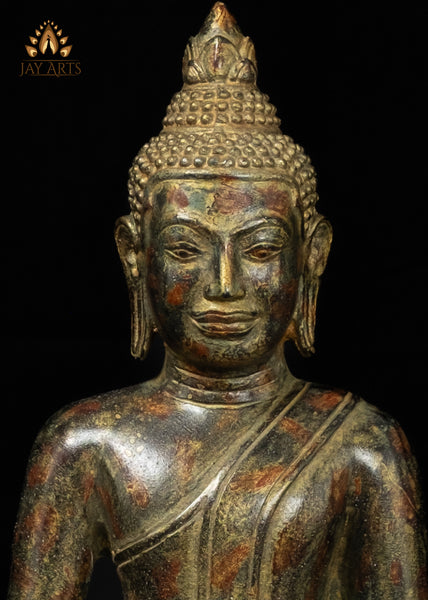 15" Bronze Meditation Buddha Statue on Phra Mae Thorani Pedestal – Cambodian Art