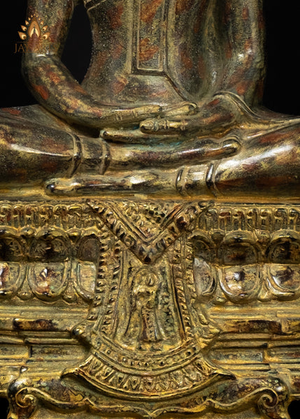 15" Bronze Meditation Buddha Statue on Phra Mae Thorani Pedestal – Cambodian Art