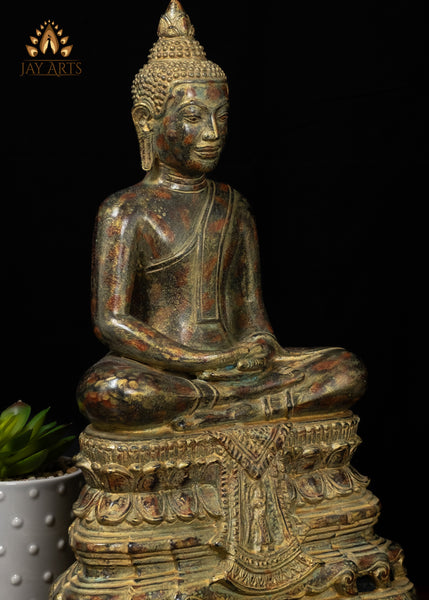 15" Bronze Meditation Buddha Statue on Phra Mae Thorani Pedestal – Cambodian Art