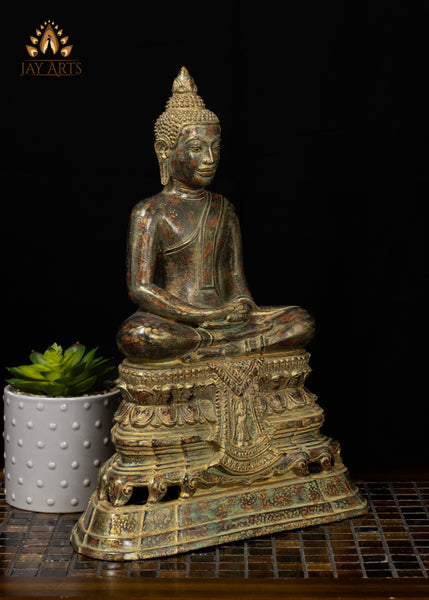 15" Bronze Meditation Buddha Statue on Phra Mae Thorani Pedestal – Cambodian Art