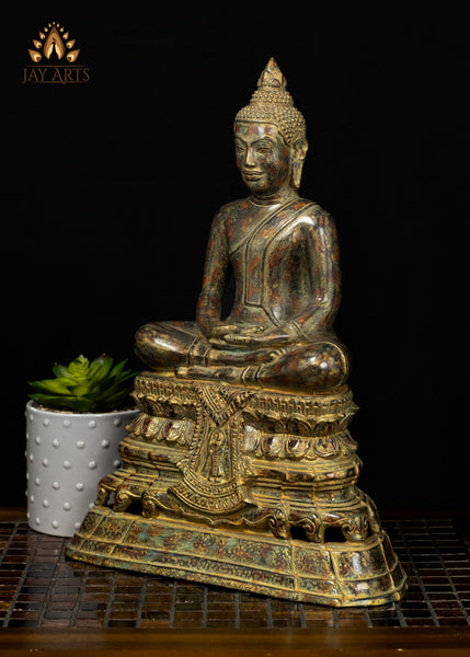 15" Bronze Meditation Buddha Statue on Phra Mae Thorani Pedestal – Cambodian Art
