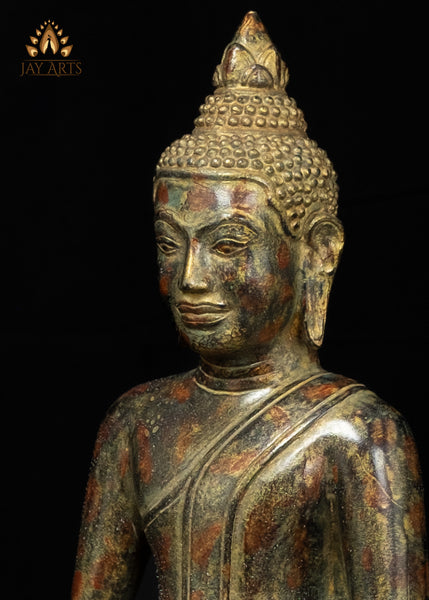 15" Bronze Meditation Buddha Statue on Phra Mae Thorani Pedestal – Cambodian Art