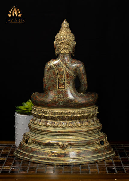 15" Bronze Meditation Buddha Statue on Phra Mae Thorani Pedestal – Cambodian Art