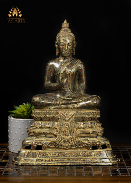 15" Bronze Buddha Statue in Vitarka Mudra on Phra Mae Thorani Pedestal – Cambodian Art