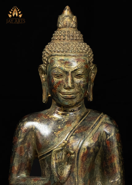 15" Bronze Buddha Statue in Vitarka Mudra on Phra Mae Thorani Pedestal – Cambodian Art