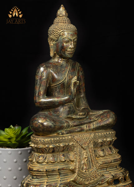 15" Bronze Buddha Statue in Vitarka Mudra on Phra Mae Thorani Pedestal – Cambodian Art