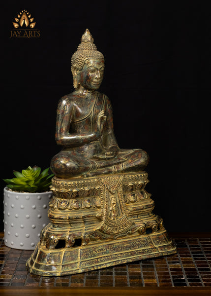 15" Bronze Buddha Statue in Vitarka Mudra on Phra Mae Thorani Pedestal – Cambodian Art