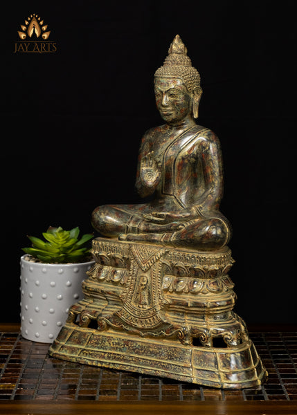 15" Bronze Buddha Statue in Vitarka Mudra on Phra Mae Thorani Pedestal – Cambodian Art
