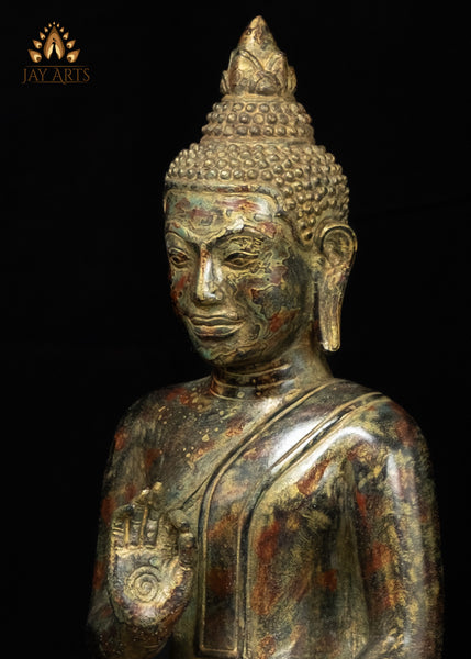 15" Bronze Buddha Statue in Vitarka Mudra on Phra Mae Thorani Pedestal – Cambodian Art