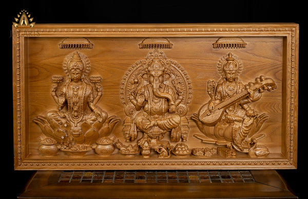 Custom Order - The Divine Trinities - Ganesh, Lakshmi and Saraswati Wood Carving 18-11/16” Height x 35-5/16” Wide