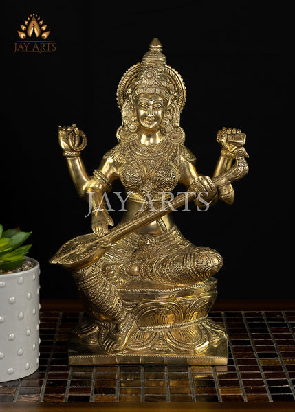 12" Maa Saraswati Brass Statue - Hindu Goddess Brass Idol