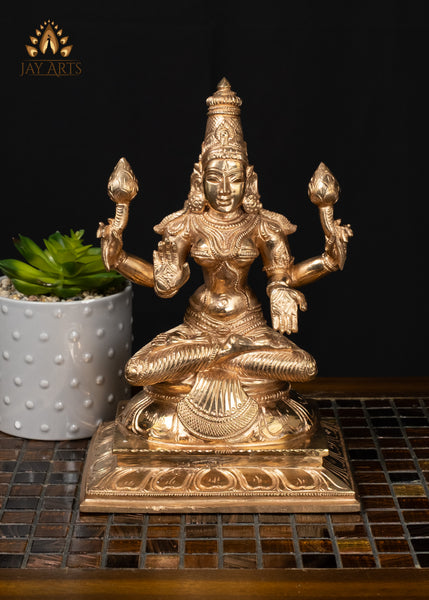 10" Bronze Lakshmi Statue Seated on Lotus Divine Hindu Goddess of Wealth