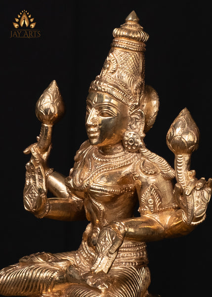 10" Bronze Lakshmi Statue Seated on Lotus Divine Hindu Goddess of Wealth