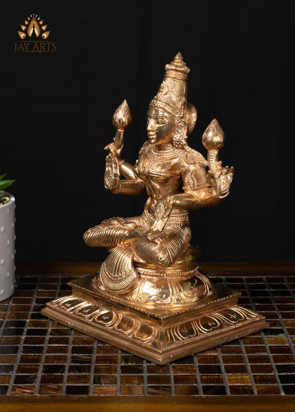 10" Bronze Lakshmi Statue Seated on Lotus Divine Hindu Goddess of Wealth
