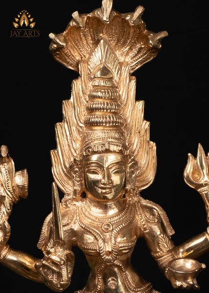 12" Bronze Standing Mariamman Statue Hindu Goddess with Five-Headed Cobra Hood