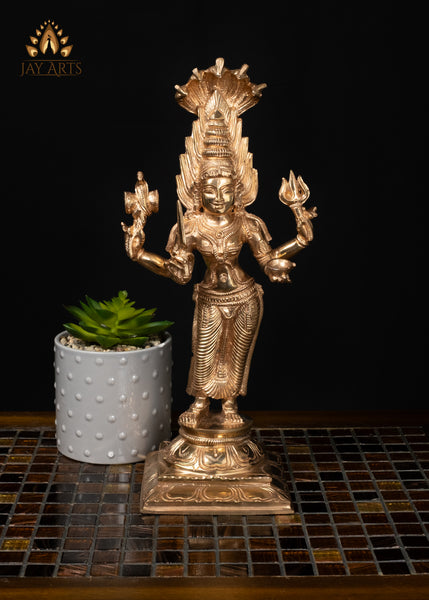 12" Bronze Standing Mariamman Statue Hindu Goddess with Five-Headed Cobra Hood