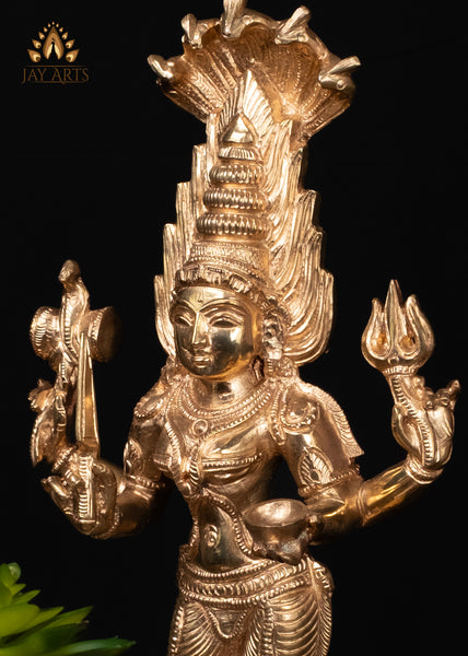 12" Bronze Standing Mariamman Statue Hindu Goddess with Five-Headed Cobra Hood