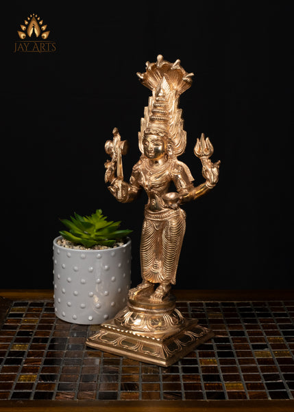 12" Bronze Standing Mariamman Statue Hindu Goddess with Five-Headed Cobra Hood