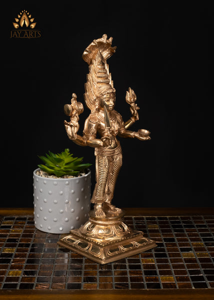 12" Bronze Standing Mariamman Statue Hindu Goddess with Five-Headed Cobra Hood