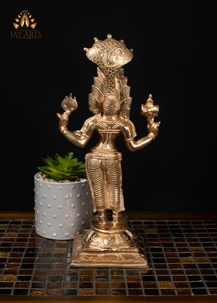 12" Bronze Standing Mariamman Statue Hindu Goddess with Five-Headed Cobra Hood