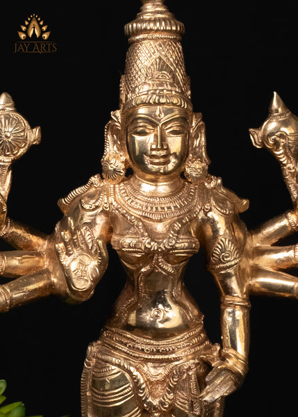 12" Bronze Goddess Durga Statue Standing on Bull with Eight Arms & Sacred Weapons
