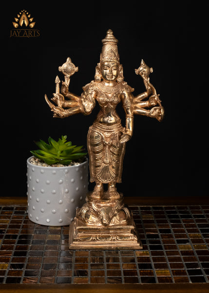12" Bronze Goddess Durga Statue Standing on Bull with Eight Arms & Sacred Weapons