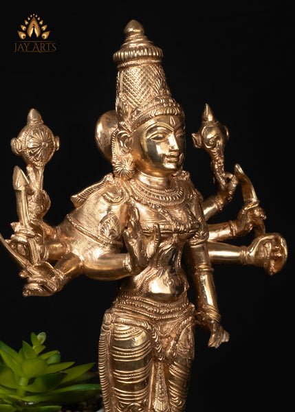 12" Bronze Goddess Durga Statue Standing on Bull with Eight Arms & Sacred Weapons