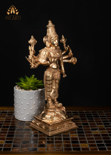 12" Bronze Goddess Durga Statue Standing on Bull with Eight Arms & Sacred Weapons