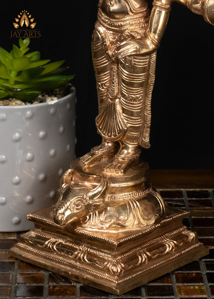 12" Bronze Goddess Durga Statue Standing on Bull with Eight Arms & Sacred Weapons