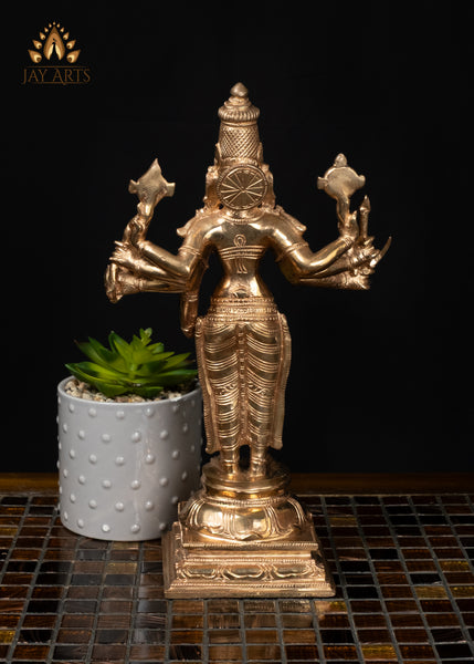 12" Bronze Goddess Durga Statue Standing on Bull with Eight Arms & Sacred Weapons