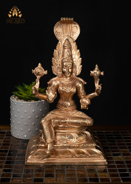 12" Panchaloham Bronze Narayani Statue Hindu Goddess with Serpent Canopy & Vishnu Symbols