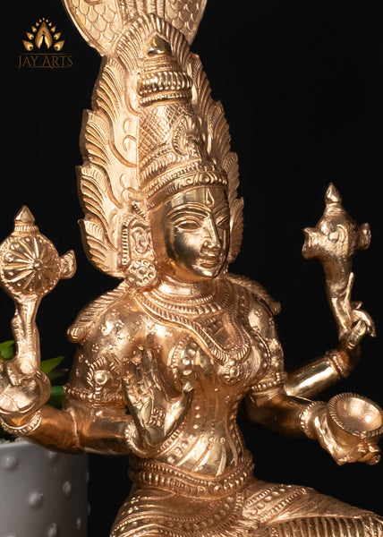 12" Panchaloham Bronze Narayani Statue Hindu Goddess with Serpent Canopy & Vishnu Symbols